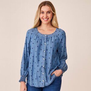 Talbots Blue Denim Heart Cotton Long Sleeve Blouse NWT